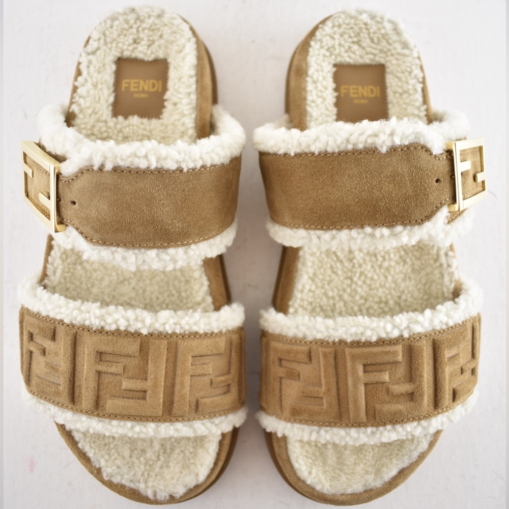 Fendi Feel Slide Shearling Fur Lined Bronze Monogram Logo Mule Flat Sandal 38 - Picture 10 of 16